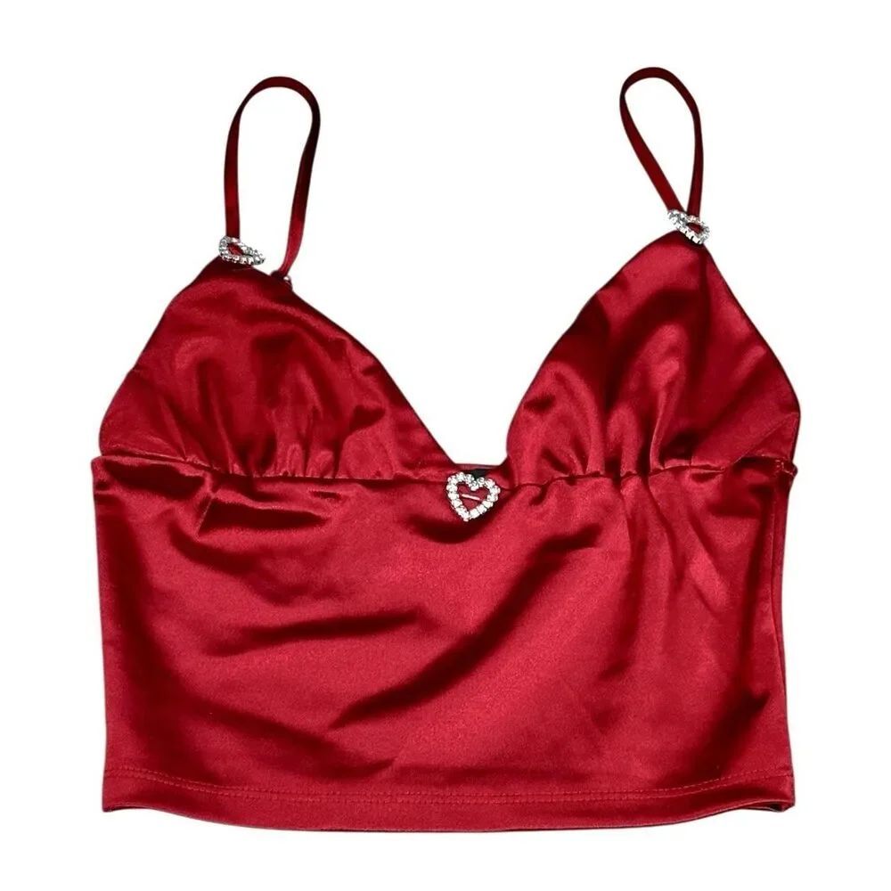 Y2K Forever 21 Red Satin Rhinestone Heart Cami Crop Tank Top Women’s Size Small